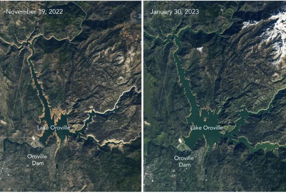 Lake Oroville, one of California’s largest reservoirs. Photos via NASA Earth Observatory.